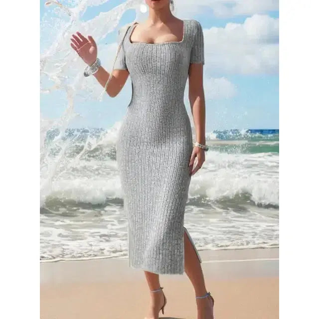 Square Neck Knit Dress-Amora™-Light Grey-XS-Amora™