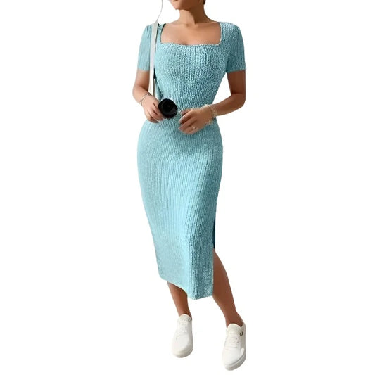 Square Neck Knit Dress-Amora™-Light Blue-XS-Amora™